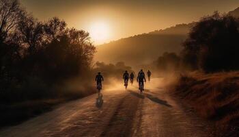 AI generated Men cycling in nature, silhouette against sunset, mountain adventure generated by AI photo