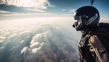 AI generated One person flying in an airplane, exploring the mountain landscape generated by AI photo