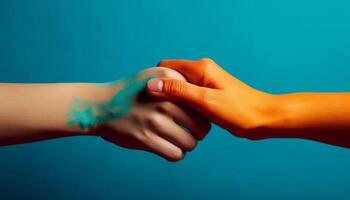 AI generated Two women holding hands, symbolizing unity, love, and cooperation generated by AI photo