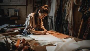 AI generated Young adult woman working on craft product with expertise and concentration generated by AI photo