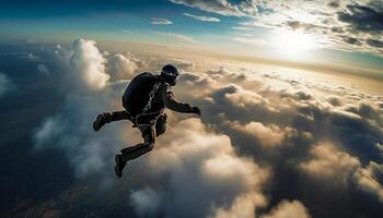 ai generado uno persona volador alto en el cielo, extremo regocijo generado por ai foto