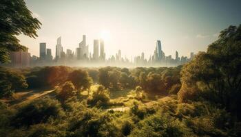 AI generated Skyscrapers illuminate city skyline as nature beauty reflects in window generated by AI photo