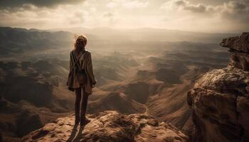 AI generated One woman standing on mountain peak, enjoying the majestic beauty generated by AI photo