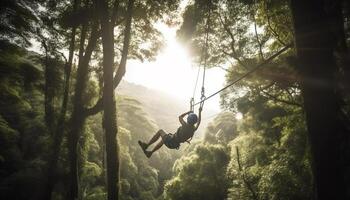 ai generado uno persona balanceo en un cuerda en un bosque, disfrutando naturaleza generado por ai foto