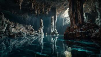 ai generado majestuoso montaña cueva, congelado estalactitas, reflejando misterio de naturaleza generado por ai foto