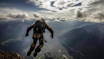 AI generated One person hiking mountain peak, experiencing exhilaration and freedom generated by AI photo