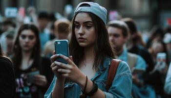 ai generado joven adultos, mujer, y hombres sonriente al aire libre, utilizando móvil Los telefonos generado por ai foto