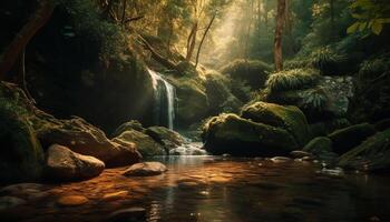 AI generated The tranquil scene of a tropical rainforest, with flowing water generated by AI photo