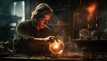 AI generated One man working in a metal workshop, melting metal with flame generated by AI photo