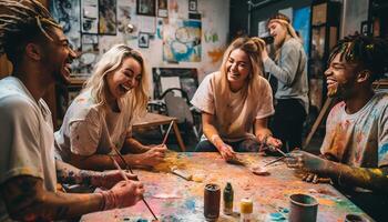 AI generated Young adults enjoying creative teamwork in a colorful art workshop generated by AI photo