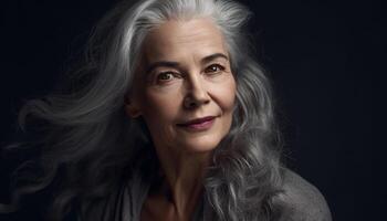 AI generated Beautiful woman with gray hair smiling confidently at the camera generated by AI photo