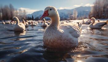 AI generated Duck family quacking near pond, enjoying nature beauty generated by AI photo