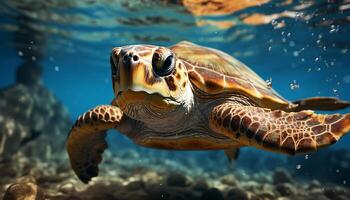 ai generado un hermosa mar Tortuga nadando en el azul submarino arrecife generado por ai foto