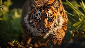 AI generated Majestic Bengal tiger walking in the wild, hiding in nature generated by AI photo