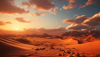 ai generado majestuoso montaña rango, tranquilo atardecer, amarillo arena dunas, sereno belleza generado por ai foto