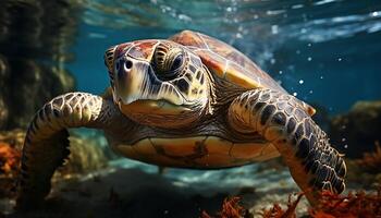 ai generado Tortuga nadando en azul agua, un hermosa en peligro de extinción especies generado por ai foto