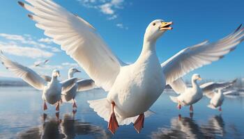 AI generated Seagull flying freely, wings spread, nature beauty in clear sky generated by AI photo