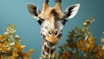 AI generated Cute giraffe grazing on green meadow, looking at camera generated by AI photo
