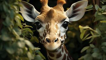 AI generated Giraffe grazing in the wild, surrounded by green beauty generated by AI photo