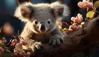 AI generated Cute koala sitting on branch, looking at camera in nature generated by AI photo