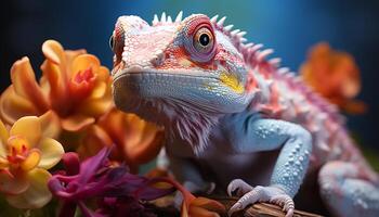 AI generated A cute lizard looking at camera, surrounded by vibrant nature generated by AI photo