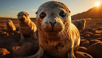 AI generated Cute lion staring at sunset, fur wet from coastline water generated by AI photo