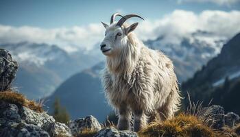 ai generado cabra en pie en montaña cima, rodeado por hermosa naturaleza generado por ai foto