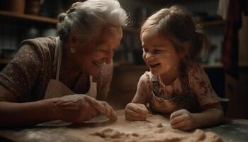 ai generado sonriente familia horneando, unión, y disfrutando hecho en casa galletas juntos generado por ai foto