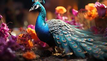 AI generated Majestic peacock displays vibrant colors in nature elegant decoration generated by AI photo