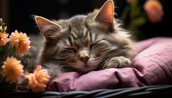 AI generated Cute kitten sleeping, nature beauty in softness and relaxation generated by AI photo