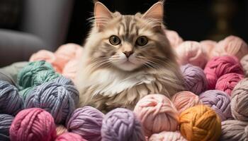 AI generated Cute kitten playing with colorful string, surrounded by cozy wool generated by AI photo