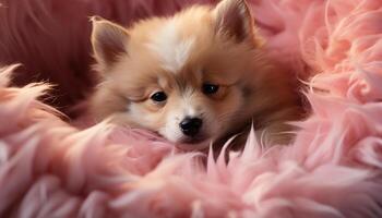 AI generated Cute puppy lying down, fluffy fur, playful and obedient generated by AI photo