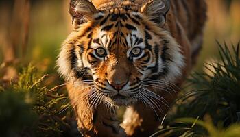 ai generado majestuoso Bengala Tigre curioso, salvaje belleza en naturaleza, cerca arriba retrato generado por ai foto