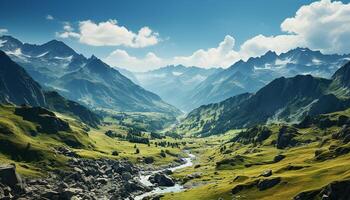 AI generated Majestic mountain peak, green meadow, tranquil sky, and serene forest generated by AI photo