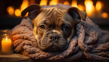 AI generated Cute bulldog puppy sitting by the fire, cozy and warm generated by AI photo