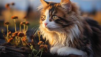 AI generated Cute kitten sitting in grass, staring at camera with curiosity generated by AI photo