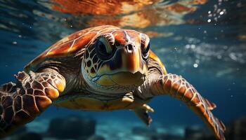 ai generado un lento mar Tortuga nadando en el azul submarino generado por ai foto