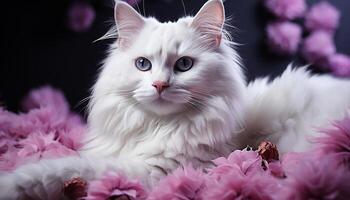 AI generated Cute kitten sitting, looking at camera, surrounded by flowers generated by AI photo