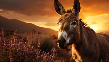 AI generated Cute donkey grazing in meadow, enjoying the beautiful sunset generated by AI photo