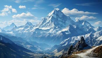 ai generado majestuoso montaña cima, nieve cubierto, rodeado por panorámico naturaleza generado por ai foto