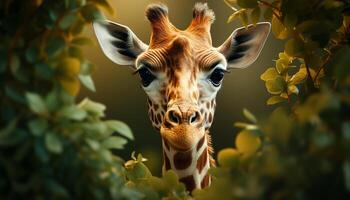 AI generated Cute giraffe looking at camera in green meadow generated by AI photo