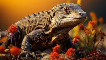 AI generated A colorful iguana crawls on a branch in the forest generated by AI photo