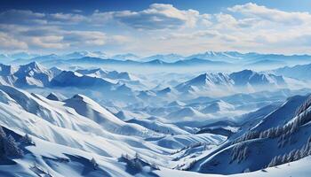 AI generated Snow covered mountain peaks create a tranquil winter landscape generated by AI photo