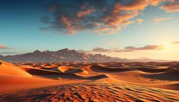 ai generado majestuoso montaña rango, tranquilo escena, ondulado arena dunas a puesta de sol generado por ai foto