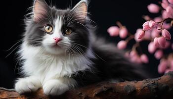 AI generated Cute kitten sitting, looking at camera, fluffy fur, playful nature generated by AI photo