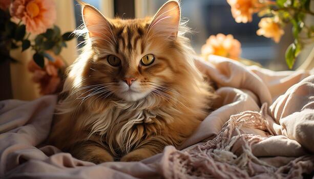 ai generado linda gatito sesión, mirando a cámara, mullido pelo, juguetón naturaleza generado por ai foto