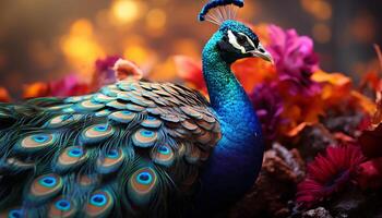 AI generated Majestic peacock displays vibrant colors in nature elegant portrait generated by AI photo