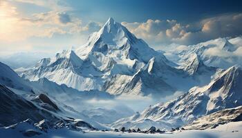 ai generado majestuoso montaña rango, azul cielo, nieve tapado picos naturaleza belleza generado por ai foto
