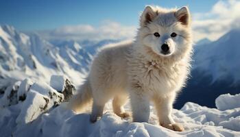 ai generado linda perrito sentado en nieve, mirando a cámara, mullido piel generado por ai foto