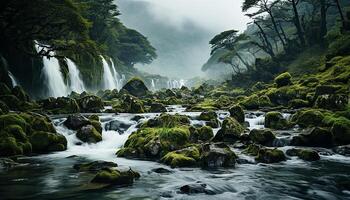 ai generado majestuoso montaña rango, fluido agua, tranquilo escena, verde paisaje generado por ai foto